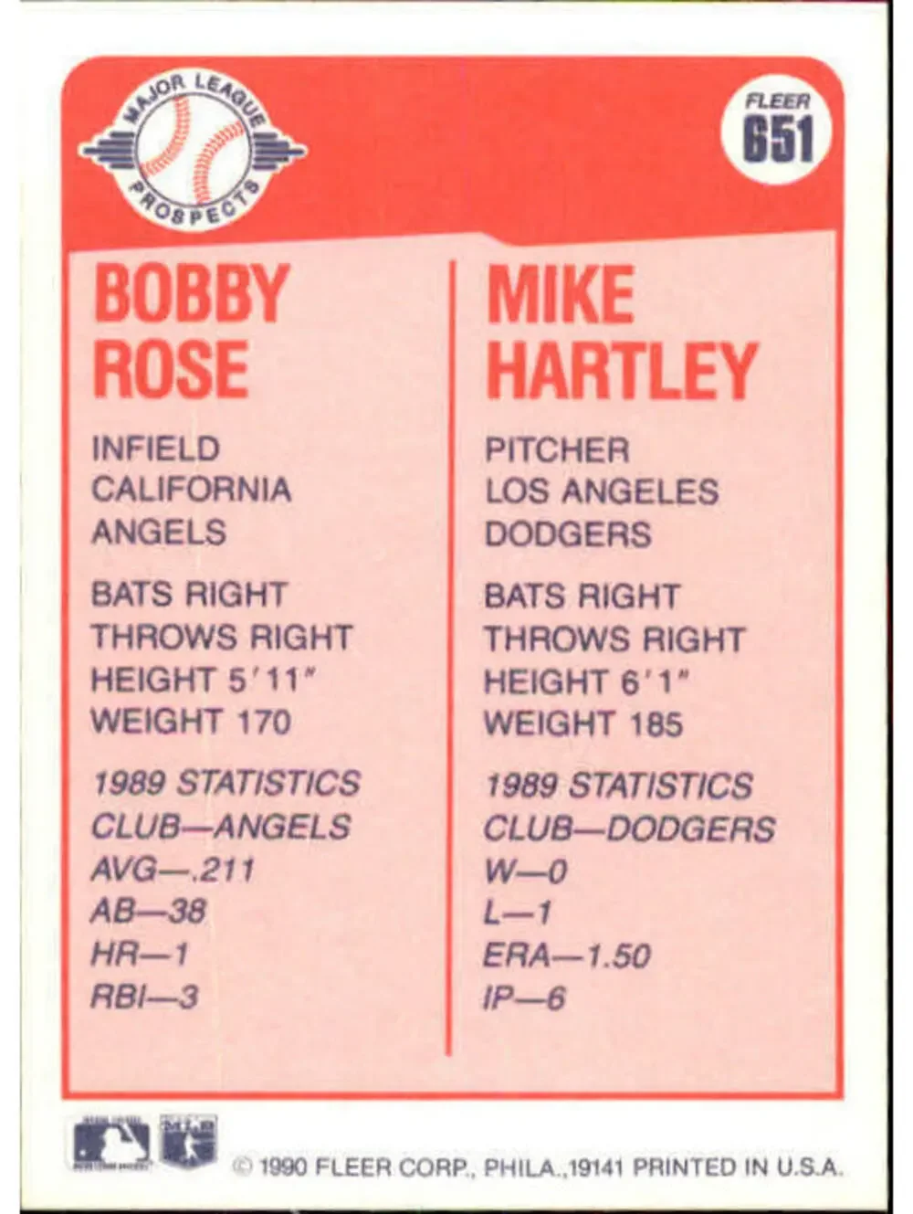 1990 Bobby Rose / Mike Hartley Fleer Baseball Card #651